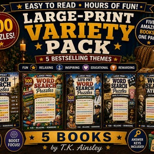 Op de afbeelding: Een grootletter-variatiepakket met vijf woordzoekersboeken van T.K. Ainsley. De collectie bevat 500 puzzels met thema's zoals Bijbel & Geloof, Bordspellen & Speelgoed, Beroepen, Films, TV & Entertainment, en Geschiedenis & Trivia.
