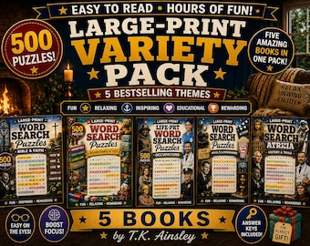 May include: A large-print variety pack containing five word search puzzle books by T.K. Ainsley. The collection features 500 puzzles across themes including Bible & Faith, Board Games & Toys, Occupations, Movies, TV & Entertainment, and History & Trivia.