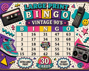 Bingo vintage de los 90 con letra grande, 30 cartones imprimibles / Descarga instantánea en PDF