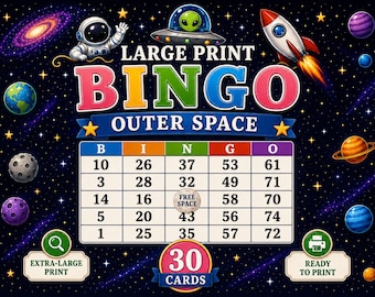 Bingo del espacio exterior con letra grande (30 tarjetas imprimibles)