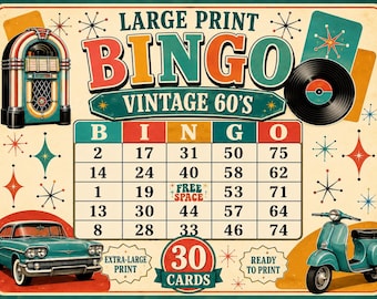 Bingo vintage de los años 60 con letra grande (30 cartones imprimibles) / Juego de fiesta retro de los sesenta / Actividad para personas mayores que rememoran los años / Descarga instantánea en PDF