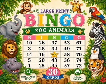 Bingo de animales del zoológico con letra grande, 30 tarjetas imprimibles