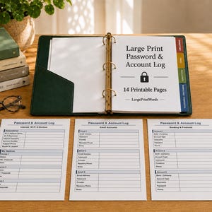 May include: A dark green three-ring binder containing white pages with the text Large Print Password & Account Log and 14 Printable Pages. Three loose sheets are displayed below, featuring tables for internet, email, and banking account details.