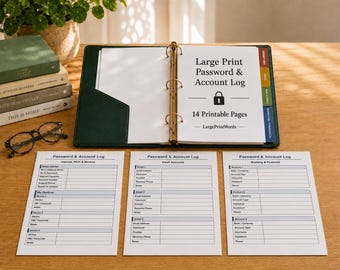 Large Print Password Book Printable | Password-Account Log for Seniors | Internet, Banking & Email Organizer | 14 Pages Instant Download