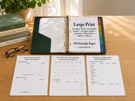 Large Print Senior Care Binder | 89 Page Printable Bundle | Address Book, Bill Pay, Passwords, Caregiver Logs, Final Wishes | 5 Books in 1