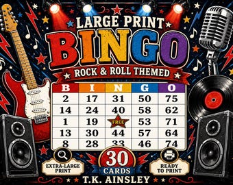 Bingo de rock and roll en letra grande, 30 tarjetas imprimibles