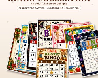 Paquete de bingo con letra grande, 600 tarjetas de bingo imprimibles, 20 conjuntos temáticos, bingo para fiestas navideñas, aulas y personas mayores, descarga instantánea en PDF.