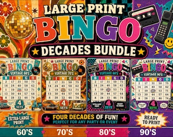 Paquete de Bingo Retro de Décadas con Letra Grande (4 libros de 30 tarjetas imprimibles) / Juego de fiesta de los años 60, 70, 80 y 90 / Descarga instantánea en PDF