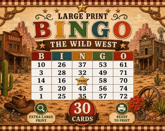 Bingo del Salvaje Oeste en letra grande, 30 cartones imprimibles