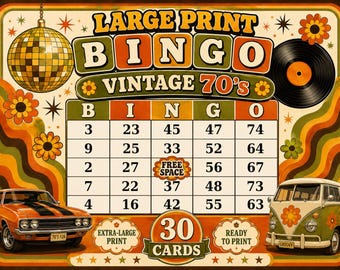 Bingo vintage de los años 70 con letras grandes, 30 cartones imprimibles / Juego de fiesta retro disco / Descarga instantánea en PDF