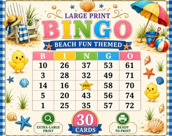 Bingo de diversión playera con letra grande (30 tarjetas imprimibles)