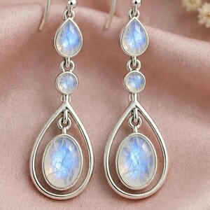 Rainbow Moonstone Dangle Earrings, 925 Sterling Silver Teardrop Earrings, Blue Flash Gemstone Earrings, Elegant Long Drop Earrings