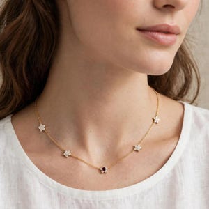 Dainty Flower Station Necklace Gold | Ruby Flower Choker Necklace | Diamond Floral Necklace | Bridesmaid Layering Necklace | Gift For Her