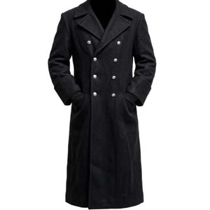May include: A long, black double-breasted overcoat featuring wide lapels, long sleeves with cuffs, and two vertical rows of silver-toned buttons. The coat has a structured collar and reaches below the knees, providing a full-length silhouette.