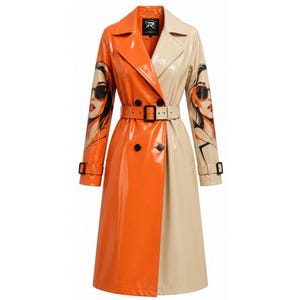 May include: A double-breasted trench coat featuring a split-color design in bright orange and beige. The glossy material displays a graphic print of a face wearing sunglasses on each sleeve. It includes a matching belt with a black buckle.