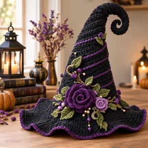 Puede incluir: Un sombrero puntiagudo de ganchillo negro con la punta curvada, decorado con un borde en espiral morado, grandes rosas de ganchillo en tonos morado oscuro y claro, hojas verdes, pequeñas bayas moradas y un dije de media luna plateado.