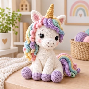 May include: A white crocheted unicorn plush toy featuring a golden horn, a multi-colored pastel mane, and a matching tail. The unicorn has black embroidered eyes, pink cheeks, and purple hooves, crafted with a detailed yarn texture throughout.