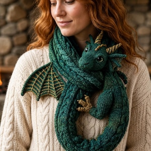 May include: A dark green knitted scarf shaped like a dragon with a textured cable knit body, gold-accented wings, and a detailed dragon head. The scarf features small gold claws and a long, coiled tail, crafted from yarn with visible stitch patterns.
