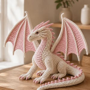 May include: A crochet dragon toy featuring a cream-colored body with soft pink accents on the wings, chest, and along the spine. The creature has pointed ears, a long tail, and small pink claws on its feet, crafted with detailed yarn stitching.