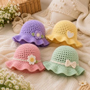 4-in-1 haakpatroon voor een babyzonnehoedje (PDF) | Bundel met hoedjes, strikjes, hartjes en bloemen | Haakpatroon voor een babyzomerhoedje | Direct te downloaden
