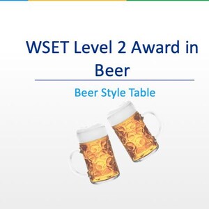 May include: A document titled WSET Level 2 Award in Beer Beer Style Table featuring dark blue and light blue text on a white background, accompanied by an illustration of two glass beer mugs filled with golden liquid and thick white foam.