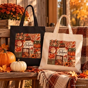 May include: A black tote bag and a cream tote bag, each featuring a square graphic print with the text "HELLO AUTUMN" surrounded by illustrations of pumpkins, a mug, books, boots, hearts, and autumn leaves in warm orange and brown tones.