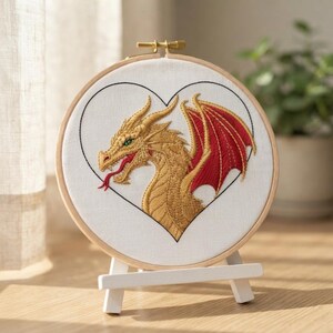 Puede incluir: Un bastidor de bordado circular con tela blanca que presenta un dragón dorado bordado con alas rojas y lengua roja, enmarcado por un contorno de corazón negro. El bastidor está montado sobre un pequeño soporte de madera blanca.
