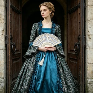 May include: A floor-length gown featuring a dark green patterned bodice and sleeves with ruffled trim, paired with a solid teal satin skirt. The garment is worn with a white lace folding hand fan that has gold floral embroidery and a tassel.