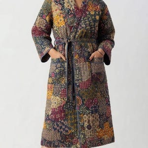 Handgemaakte katoenen patchwork badjas met blokprint, Indiase kimono loungewear