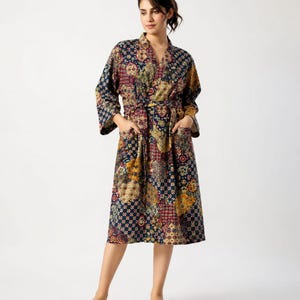Handmade Cotton Block Print Patchwork Robe, Indian Kimono Loungewear