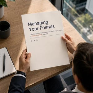 May include: A white book titled Managing Your Friends with the subtitle A practical guide to leading people who used to be your equals—without losing them, or yourself. The cover features three small icons and dark blue text on a clean background.