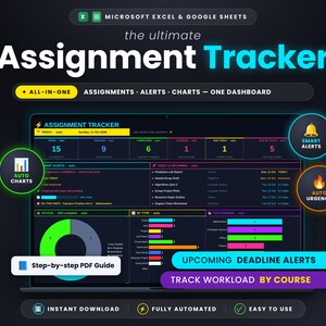 Assignment Tracker Spreadsheet | Dark Mode Student Planner | Excel & Google Sheets