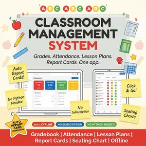 May include: A digital classroom management system displayed on a laptop and tablet screen. The graphic features the text Classroom Management System, Grades, Attendance, Lesson Plans, Report Cards, One app, and various yellow sticky notes.