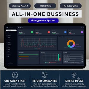 May include: A digital dashboard interface for an all-in-one business management system displayed on a screen. The dark-themed UI features financial charts, graphs, and data summaries including revenue, expenses, and profit metrics with text labels.