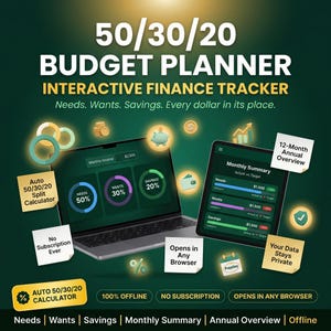 May include: A 50/30/20 budget planner interactive finance tracker displayed on a laptop and tablet screen. The interface shows monthly income, needs, wants, and savings percentages. Text includes Auto 50/30/20 Split Calculator and No Subscription Ever.