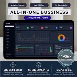 Puede incluir: Una interfaz de panel digital para un sistema de gestión empresarial todo en uno en una pantalla. La interfaz oscura muestra gráficos financieros, un gráfico circular y resúmenes de datos. El texto incluye No Setup Needed, 100% Offline y 1-Click Product Import.