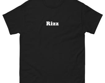 May include: Black t-shirt with the word "Rizz" printed in white on the front.