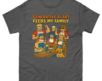 May include: Dark gray t-shirt featuring a cartoon family gathered around a table. The illustration includes a computer, food, and a dog. The text "GENERATIVE AI ART FEEDS MY FAMILY" is printed across the top in orange and yellow.