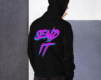 Sudadera con capucha con estampado retro Send It, sudadera con capucha con estampado moderno, sudadera con capucha negra de moda, sudadera con capucha urbana, sudadera con capucha unisex para uso informal