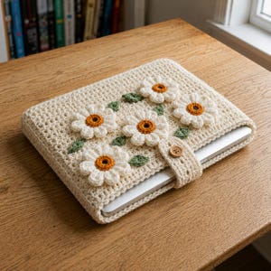 May include: A cream-colored crochet laptop sleeve featuring four white daisy appliques with yellow centers and small green leaves. The sleeve has a matching crochet flap secured by a single brown wooden button, enclosing a silver laptop inside.