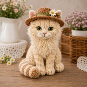 Patrón de ganchillo para gato, PDF de peluche amigurumi, tutorial de decoración de gorro esponjoso para gatitos (descarga digital)