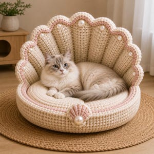 May include: A cream and light pink crocheted pet bed shaped like a seashell with a high, scalloped backrest. The bed features white pearl-like beads embedded along the edges and a larger pearl accent at the front center, occupied by a fluffy cat.