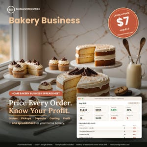 Puede incluir: Una plantilla de hoja de cálculo digital para un negocio de panadería casera titulada Bakery Business, que presenta un panel con datos financieros de julio de 2026, incluyendo ingresos, gastos y beneficios, junto a imágenes de pasteles y galletas.