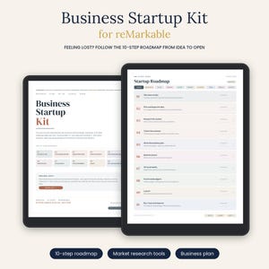 Puede incluir: Un kit de inicio de negocios digital para tabletas reMarkable con una hoja de ruta de 10 pasos. La pantalla muestra una guía estructurada con secciones para investigación, planificación y lanzamiento, incluyendo el texto Business Startup Kit y Startup Roadmap.