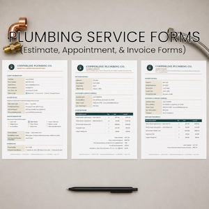 May include: Three printed plumbing service forms for Copperline Plumbing Co. including an estimate, appointment, and invoice form. The documents feature text fields for client information, service details, and costs, accompanied by a black pen.