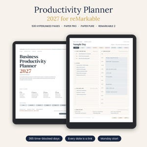 reMarkable Planner 2027 Business Productivity Planner for reMarkable Paper Pro & reMarkable 2, Hyperlinked Daily Planner Time Blocking PDF