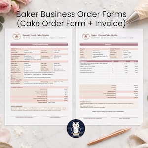 Puede incluir: Dos hojas de papel blancas tituladas Baker Business Order Forms (Cake Order Form + Invoice) de Sweet Crumb Cake Studio. Los documentos presentan campos estructurados para información del cliente, especificaciones de eventos, resúmenes de pago y facturas.