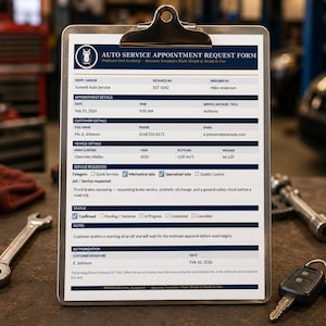 May include: A metal clipboard holding an Auto Service Appointment Request Form with blue headers and white fields. The document includes sections for shop, customer, and vehicle details, service requests, status, notes, and authorisation signature.