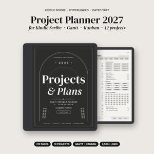 May include: A digital project planner for Kindle Scribe titled Projects & Plans 2027, featuring a black cover with white text, an arched design, and a secondary screen showing a monthly and weekly task tracking layout.