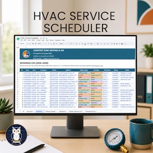 May include: A computer monitor displaying an HVAC Service Scheduler spreadsheet titled Bookings Log 2026-2028 for Comfort Zone Heating & Air. The digital interface features columns for date, time, customer, phone, address, system type, job type, and status.